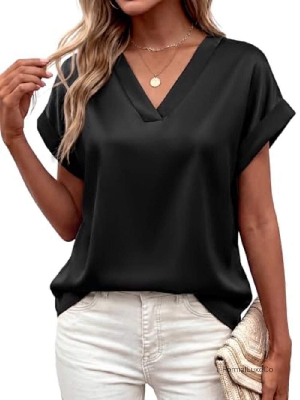 Womens V-Neck Satin Blouse Rolled Short Sleeve Loose Work Top